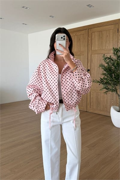 Palme Pembe Puantiyeli Dik Yaka Bomber Ceket