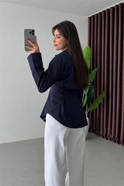 Penny Lacivert Belden Oturtmalı Poplin Gömlek