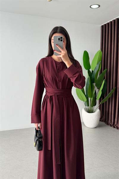 Pera Bordo Kuşaklı Maxi Elbise