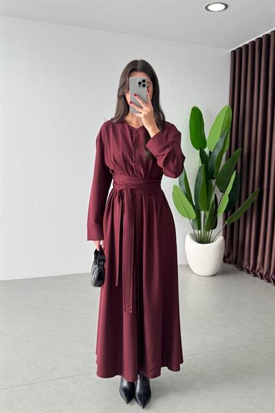 Pera Bordo Kuşaklı Maxi Elbise