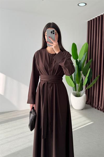 Pera Kahve Kuşaklı Maxi Elbise