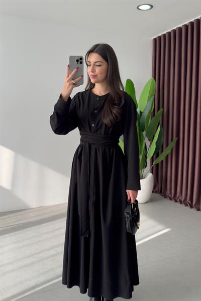 Pera Siyah Kuşaklı Maxi Elbise