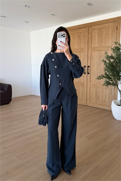 Petra Lacivert Asimetrik Bluz Pantolon Takım