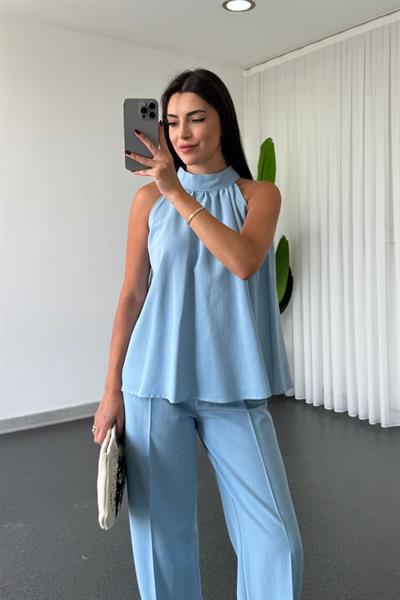 Pia Mavi Bağlama Detay Bluz Pantolon Takım