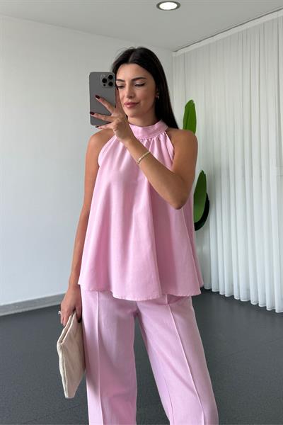 Pia Pembe Bağlama Detay Bluz Pantolon Takım