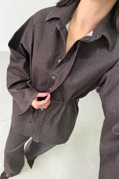 Polka Kahve Yarasa Kol Denim Takım