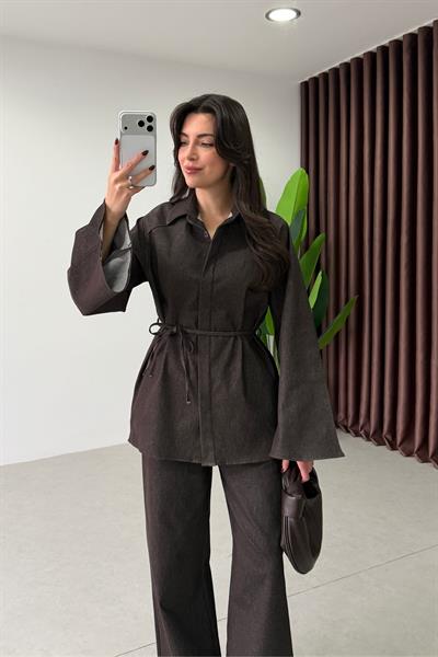 Polka Kahve Yarasa Kol Denim Takım