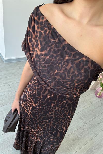 Pona Leopar Desen Tül Elbise