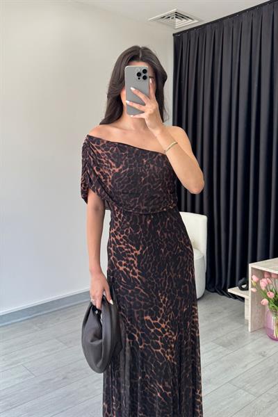 Pona Leopar Desen Tül Elbise