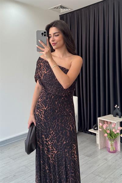 Pona Leopar Desen Tül Elbise