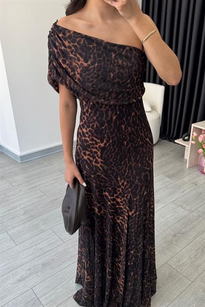 Pona Leopar Desen Tül Elbise