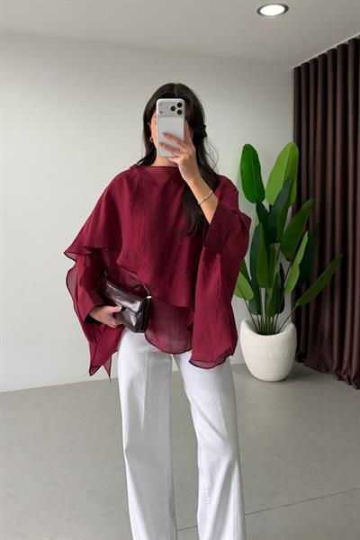 Poppy Bordo Pelerin Şifon Bluz