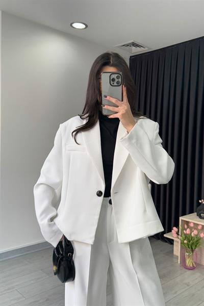 Premium Krep Kumaş Beyaz Blazer Pantolon Takım