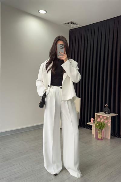 Premium Krep Kumaş Beyaz Blazer Pantolon Takım