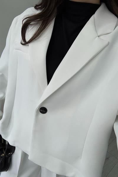 Premium Krep Kumaş Beyaz Blazer Pantolon Takım