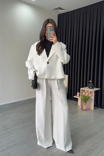 Premium Krep Kumaş Beyaz Blazer Pantolon Takım