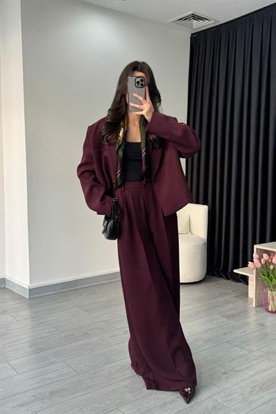 Premium Krep Kumaş Mürdüm Blazer Pantolon Takım