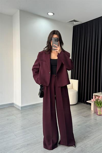Premium Krep Kumaş Mürdüm Blazer Pantolon Takım