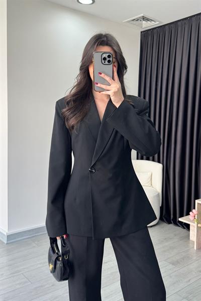 Belden Oturtmalı Siyah Kruvaze Blazer Ceket