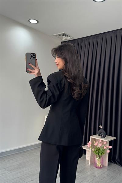 Belden Oturtmalı Siyah Kruvaze Blazer Ceket