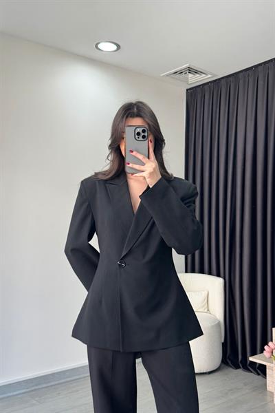 Belden Oturtmalı Siyah Kruvaze Blazer Ceket