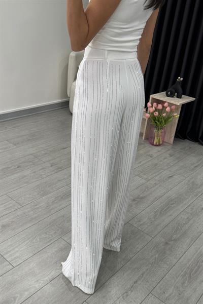 Premium Taş Detaylı Beyaz Palazzo Pantolon
