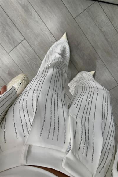 Premium Taş Detaylı Beyaz Palazzo Pantolon