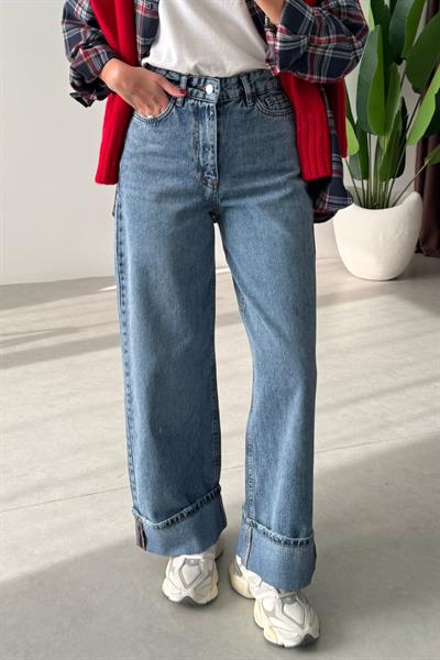Quin Paçası Katlı Wide Leg Jean