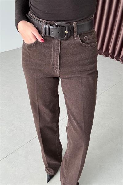 Rasia Kahve Eskitmeli Wide Leg Jean