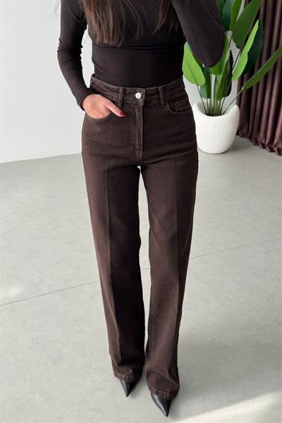 Rasia Kahve Eskitmeli Wide Leg Jean