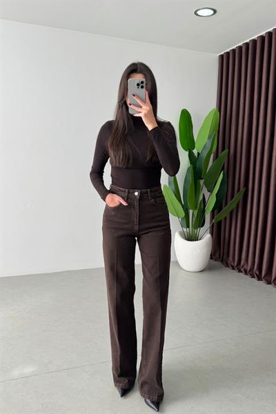 Rasia Kahve Eskitmeli Wide Leg Jean