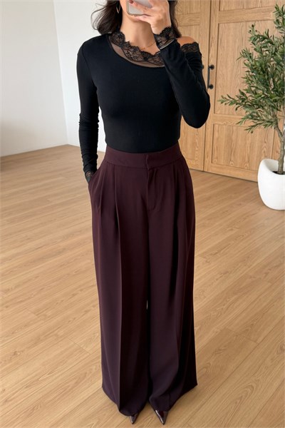 Raye Mürdüm Krep Kumaş Geniş Paça Pantolon