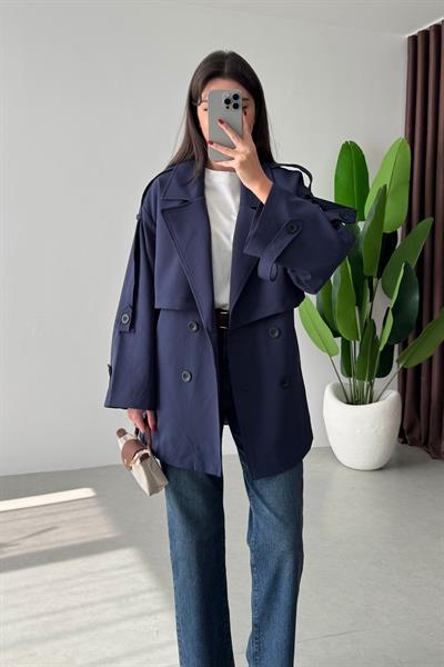 Reena Lacivert Premium Midi Boy Trençkot