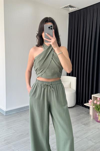 Reina Haki Boyundan Bağlamalı Keten Takım