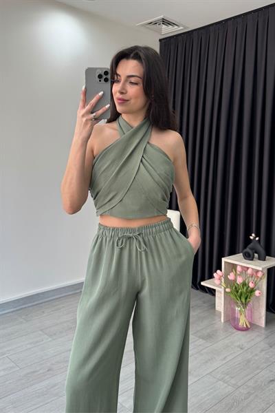 Reina Haki Boyundan Bağlamalı Keten Takım