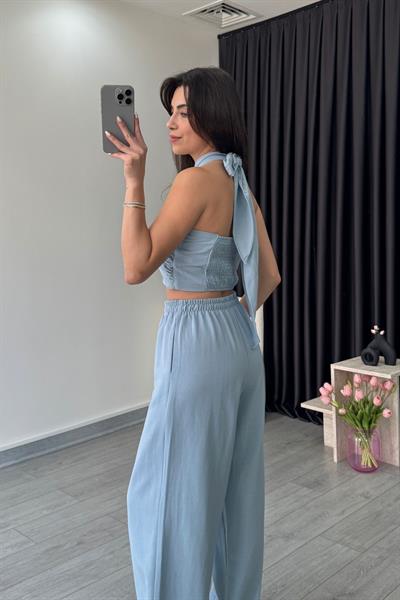 Reina Mavi Boyundan Bağlamalı Keten Takım