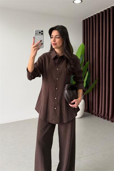 Renza Kahve Belden Oturtmalı Bluz Pantolon Takım