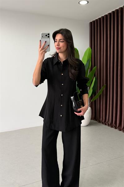Renza Siyah Belden Oturtmalı Bluz Pantolon Takım