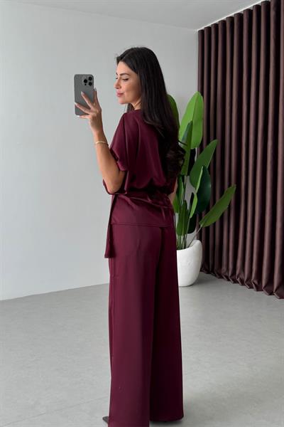 Ribbon Bordo Saten Bluz Pantolon Takım