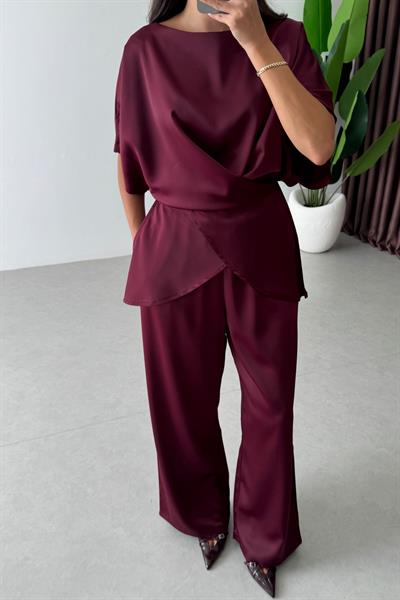 Ribbon Bordo Saten Bluz Pantolon Takım