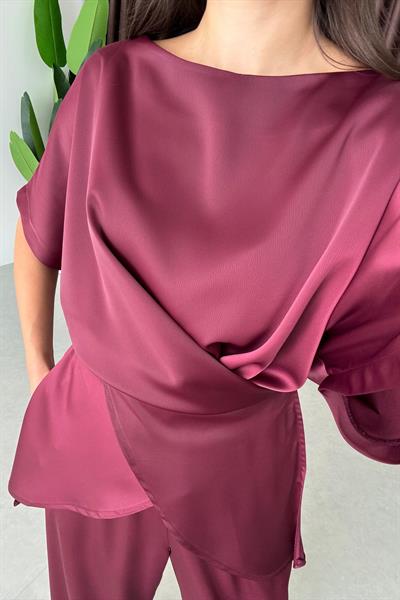 Ribbon Bordo Saten Bluz Pantolon Takım