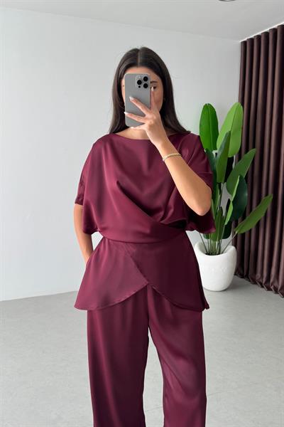 Ribbon Bordo Saten Bluz Pantolon Takım