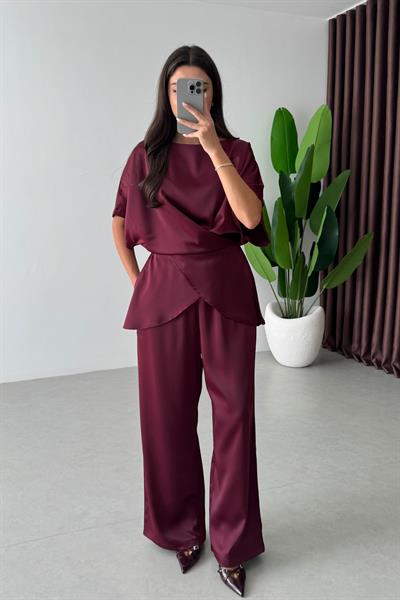 Ribbon Bordo Saten Bluz Pantolon Takım