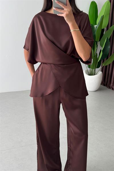 Ribbon Kahve Saten Bluz Pantolon Takım
