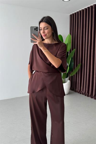 Ribbon Kahve Saten Bluz Pantolon Takım