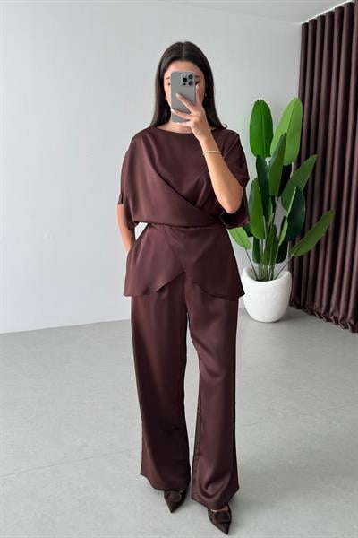 Ribbon Kahve Saten Bluz Pantolon Takım