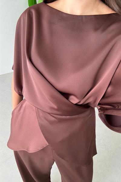 Ribbon Kahve Saten Bluz Pantolon Takım