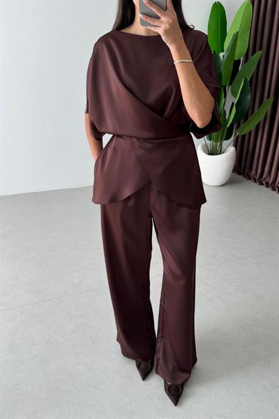 Ribbon Kahve Saten Bluz Pantolon Takım