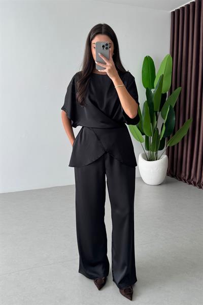 Ribbon Siyah Saten Bluz Pantolon Takım