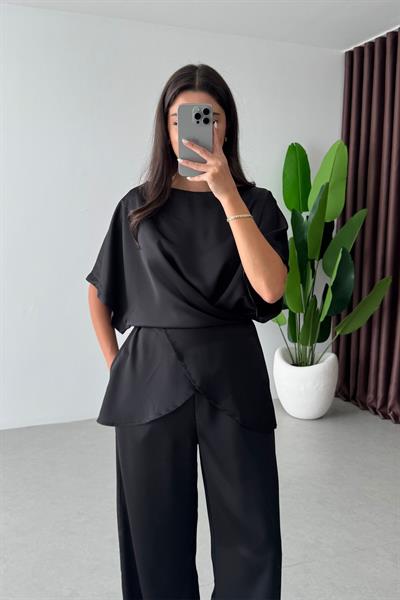 Ribbon Siyah Saten Bluz Pantolon Takım